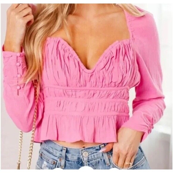 Free People Chloe Top Long Sleeve Wired Sweetheart Neckline Smocked Pink Small - Picture 1 of 10